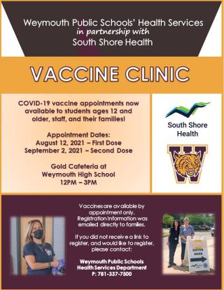 vaccine clinic for students, staff, and families on thursday august 12 at weymouth high school 